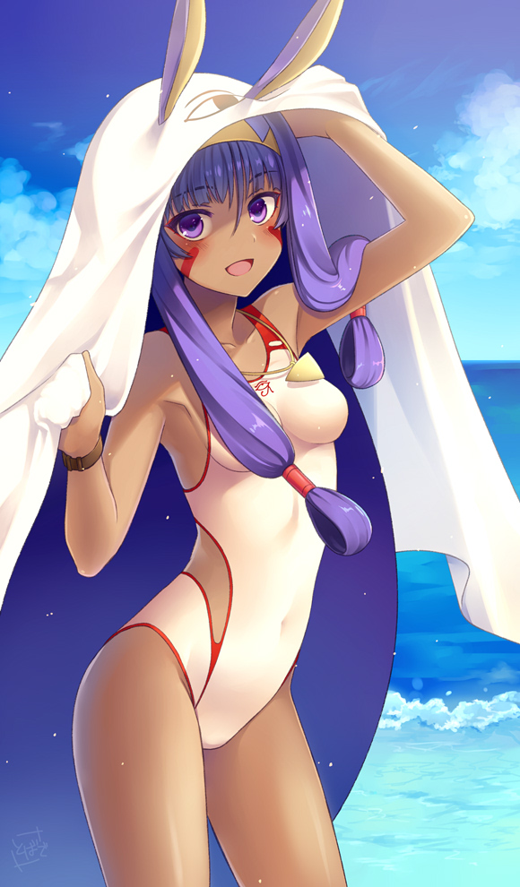 1girl :d animal_ears arm_up armpits bands bare_arms bare_shoulders blanket blue_sky blush breasts clouds competition_swimsuit covered_navel cowboy_shot dark_skin day eyebrows_visible_through_hair facial_mark fate/grand_order fate_(series) hairband horizon impossible_clothes impossible_swimsuit jewelry long_hair looking_at_viewer medium_breasts necklace nitocris_(fate/grand_order) nitocris_(swimsuit_assassin)_(fate) ocean one-piece_swimsuit open_mouth outdoors pendant purple_hair rabbit_ears sidelocks skin_tight sky smile solo standing swimsuit thighs tobade_(tbdfactory) tsurime two-tone_hairband under_covers very_long_hair violet_eyes water white_swimsuit wristband