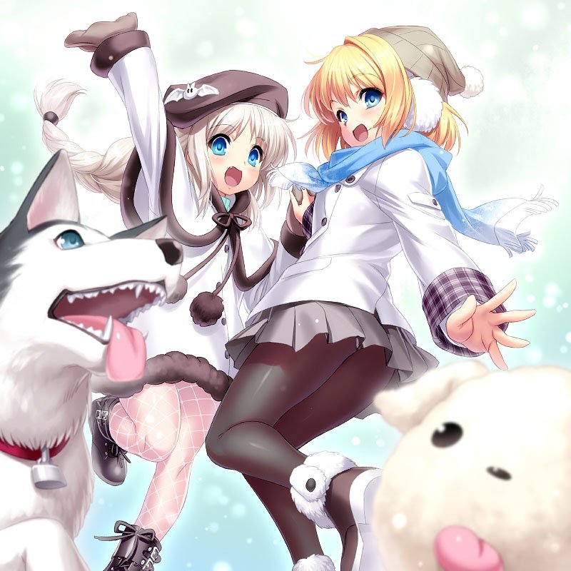 2girls air beanie beret black_hat black_legwear blonde_hair blue_eyes blue_scarf braid capelet company_connection crossover dog dress earmuffs fishnet_pantyhose fishnets grey_skirt hat kamio_misuzu key_(company) little_busters!! long_hair looking_at_viewer multiple_girls noumi_kudryavka open_mouth pantyhose pleated_skirt potato_(air) scarf short_hair silver_hair skirt smile strelka white_dress winter_clothes zen