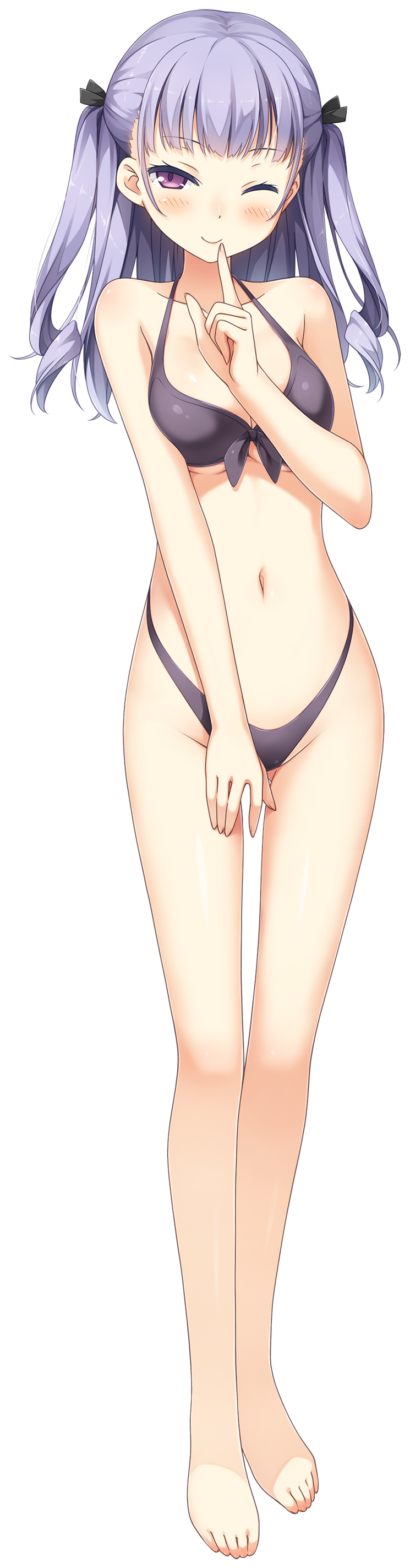 1girl absurdres bangs bare_legs bare_shoulders barefoot bikini blush bow breasts collarbone eyebrows_visible_through_hair feet front-tie_bikini front-tie_top full_body hair_bow highres kantoku koi_suru_kanojo_no_bukiyou_na_butai kokonoe_maria looking_at_viewer medium_breasts navel one_eye_closed purple_bikini purple_hair solo standing swimsuit toes transparent_background violet_eyes