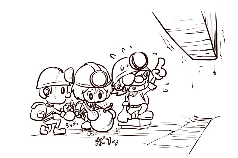 2boys bomb dark_spelunker_(minna_de_waiwai!_spelunker) eyepatch hat headlight hopping jumpsuit lighter minna_de_waiwai!_spelunker multiple_boys multiple_girls pointing pointing_up shouting skipping spelunker spelunker_(minna_de_waiwai!_spelunker) spelunker_world spelunkette_(minna_de_waiwai!_spelunker) spiky_hair sweat sweatdrop sweating_profusely switch