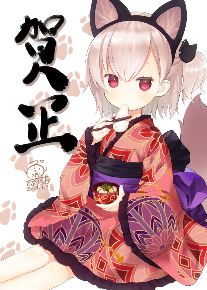 1girl :3 animal_ears bangs blush bowl capriccio chopsticks closed_mouth commentary_request dated dog_ears dog_tail eating eyebrows_visible_through_hair fake_animal_ears food hairband holding japanese_clothes kaburi_chiko kimono legs_together long_sleeves looking_at_viewer mochi obi original paw_print red_eyes sash signature silver_hair sitting solo tail wagashi