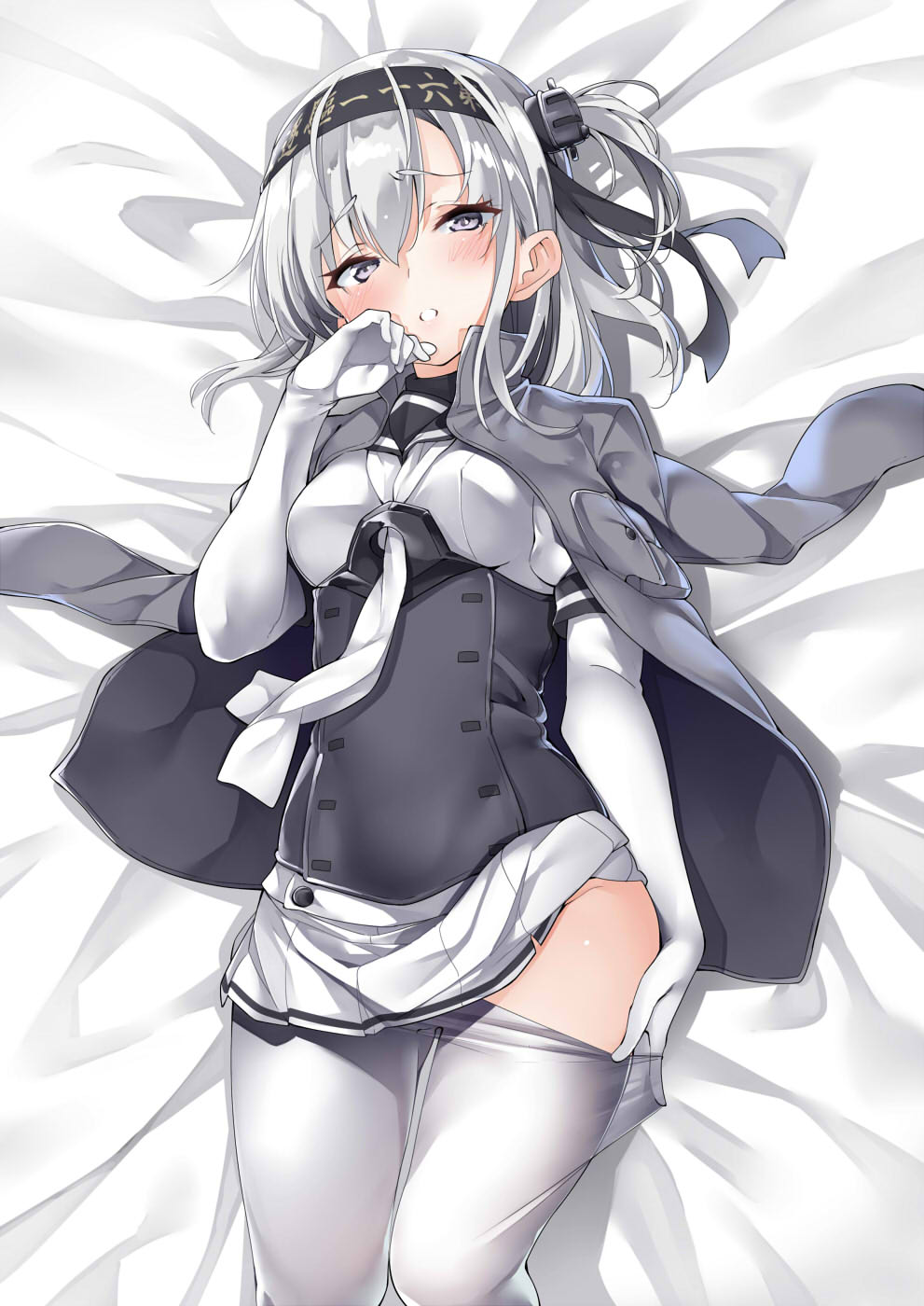 1girl bangs bed_sheet black_headband black_sailor_collar blush cowboy_shot ebifurya eyebrows_visible_through_hair gloves gluteal_fold grey_eyes grey_legwear hachimaki hair_between_eyes hand_up headband highres kantai_collection long_hair looking_at_viewer lying miniskirt on_back one_side_up pantyhose pantyhose_pull pleated_skirt pulled_by_self sailor_collar school_uniform serafuku short_sleeves silver_hair skirt solo suzutsuki_(kantai_collection) thigh_gap white_gloves white_skirt