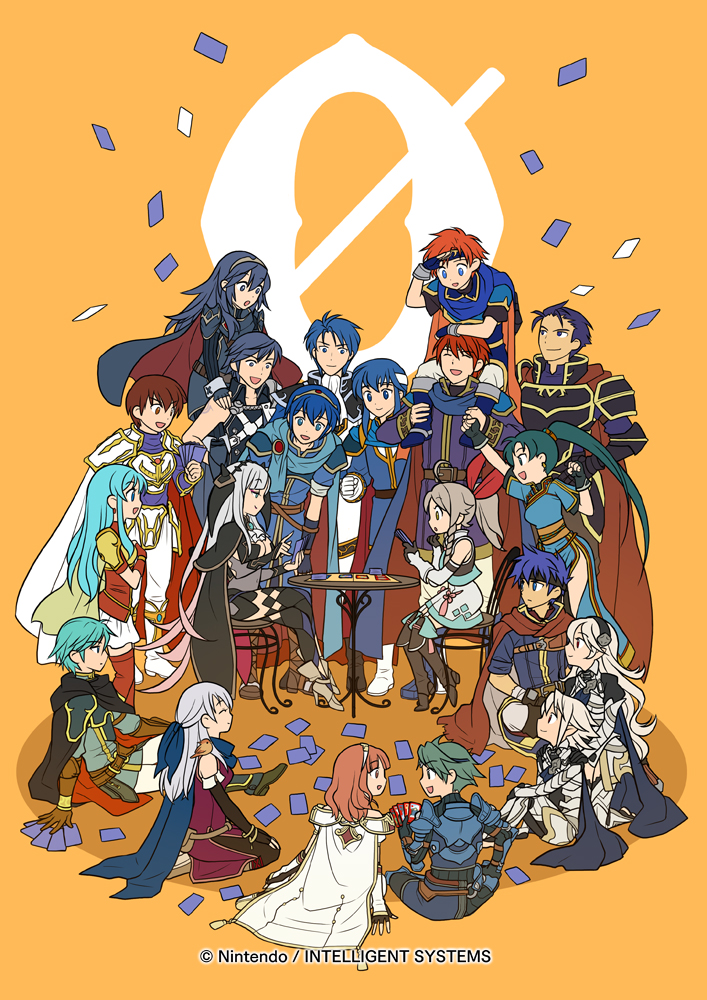 alm_(fire_emblem) animal animal_on_shoulder armor bending_forward bird bird_on_shoulder blonde_hair blue_hair boots breasts brown_hair cape card card_game carrying celica_(fire_emblem) celice_(fire_emblem) chair cheering cleavage cloak closed_eyes copyright_name desk eirika eliwood_(fire_emblem) emma_(fire_emblem) ephraim father_and_daughter father_and_son female_my_unit_(fire_emblem_if) fire_emblem fire_emblem:_akatsuki_no_megami fire_emblem:_fuuin_no_tsurugi fire_emblem:_kakusei fire_emblem:_mystery_of_the_emblem fire_emblem:_seisen_no_keifu fire_emblem:_souen_no_kiseki fire_emblem_cipher fire_emblem_echoes:_mou_hitori_no_eiyuuou fire_emblem_if green_eyes green_hair hairband hand_on_own_chest headband headdress hector_(fire_emblem) ike indian_style kita_senri krom long_hair lucina lugh_(fire_emblem) lyndis_(fire_emblem) male_my_unit_(fire_emblem_if) mamkute marth medium_breasts micaiah multiple_boys multiple_girls my_unit_(fire_emblem_if) official_art open_mouth orange_background piggyback pointy_ears ponytail redhead roy_(fire_emblem) seiza shade_(fire_emblem) short_hair sigurd_(fire_emblem) silver_hair simple_background sitting skirt smile spiky_hair table thigh-highs thigh_boots watermark zettai_ryouiki