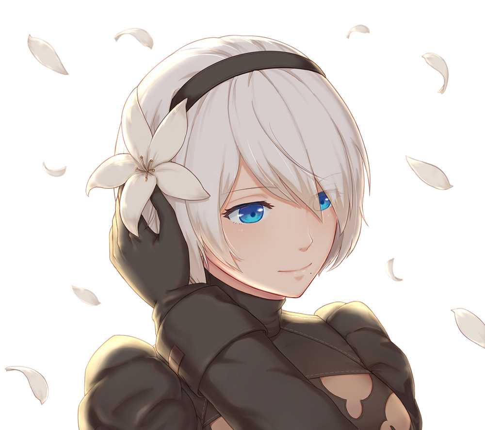 1girl black_hairband blue_eyes hairband lunar_tear mole mole_under_mouth nier_(series) nier_automata no_blindfold out_of_frame petals short_hair silver_hair upper_body yorha_no._2_type_b