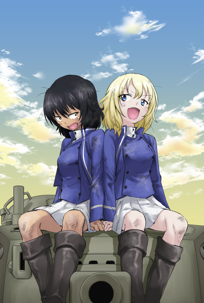 2girls aki_(makinoakira) andou_(girls_und_panzer) arl-44 bc_freedom_military_uniform black_footwear black_hair blonde_hair blue_eyes blue_jacket blue_vest boots brown_eyes clouds cloudy_sky dark_skin day dirty eyebrows_visible_through_hair girls_und_panzer ground_vehicle high_collar jacket long_sleeves looking_at_another looking_back military military_uniform military_vehicle miniskirt motor_vehicle multiple_girls open_mouth oshida_(girls_und_panzer) outdoors pleated_skirt short_hair side-by-side sitting skirt sky smile tank uniform vest white_skirt