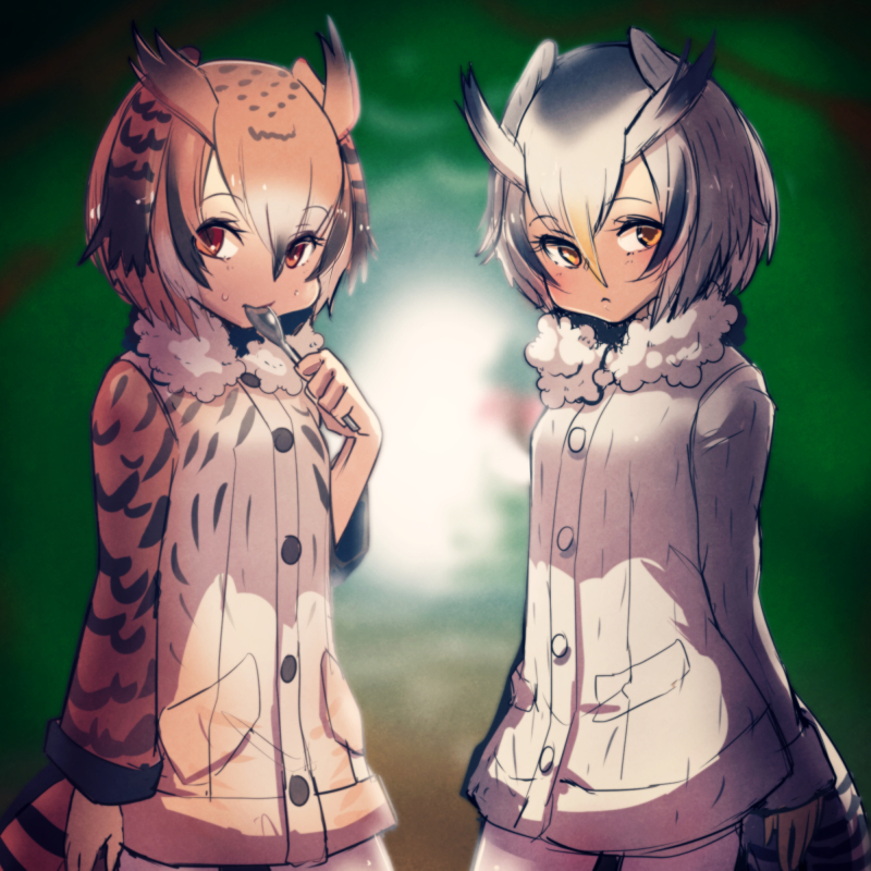 2girls at2. brown_coat brown_eyes brown_hair coat eurasian_eagle_owl_(kemono_friends) fur_collar head_wings kemono_friends looking_at_viewer multicolored_hair multiple_girls northern_white-faced_owl_(kemono_friends) spoon_in_mouth tagme