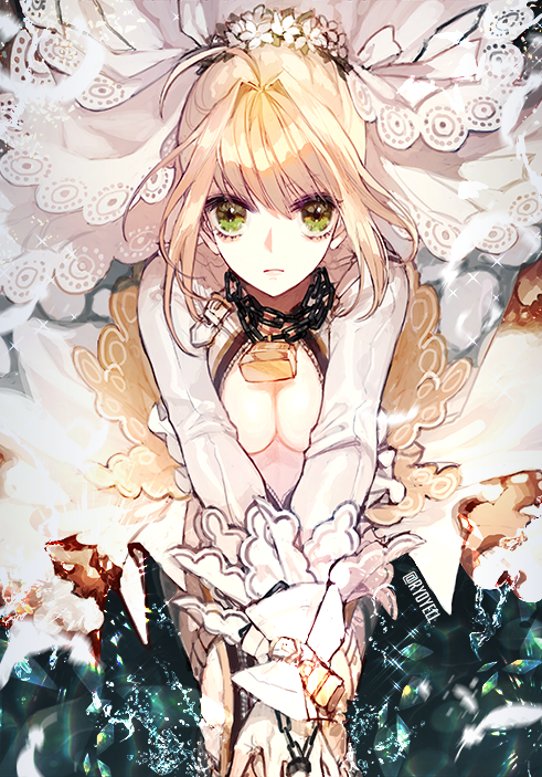 10s 1girl ahoge artist_name bangs blonde_hair breasts bridal_veil chains cleavage fate/extra fate/extra_ccc fate_(series) frown gloves green_eyes hair_intakes lace_trim lock long_sleeves looking_at_viewer medium_breasts partially_unzipped ryoyell saber_bride saber_extra short_hair solo twitter_username veil white_gloves wreath zipper