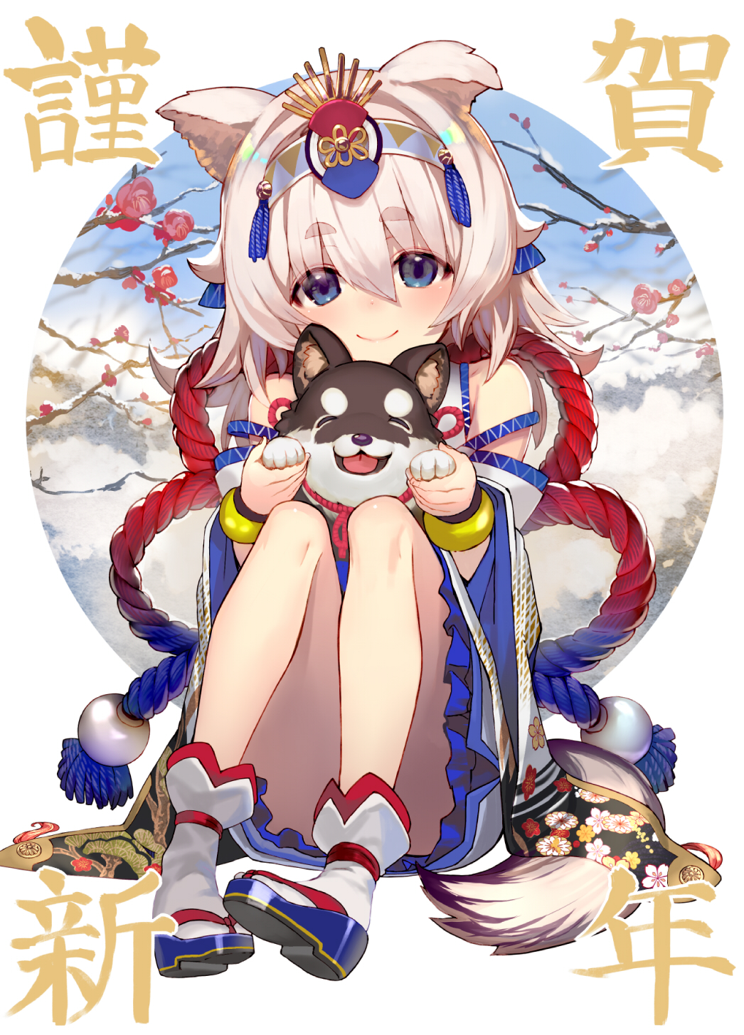 akeome animal animal_ears blush bracelet cherry_blossoms closed_mouth commentary_request convenient_leg dog dog_ears dog_tail eyebrows_visible_through_hair headband highres holding holding_animal jewelry knees_up legs long_sleeves looking_at_viewer new_year original sandals shirabi short_eyebrows short_hair sitting smile socks tabi tail tassel white_legwear wide_sleeves year_of_the_dog