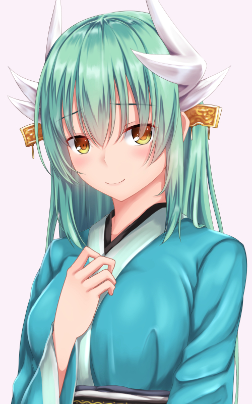 1girl aqua_hair bangs bow breasts commentary_request dragon_horns fate/grand_order fate_(series) horns kiyohime_(fate/grand_order) long_hair looking_at_viewer medium_breasts smile solo tapisuke upper_body yellow_bow yellow_eyes