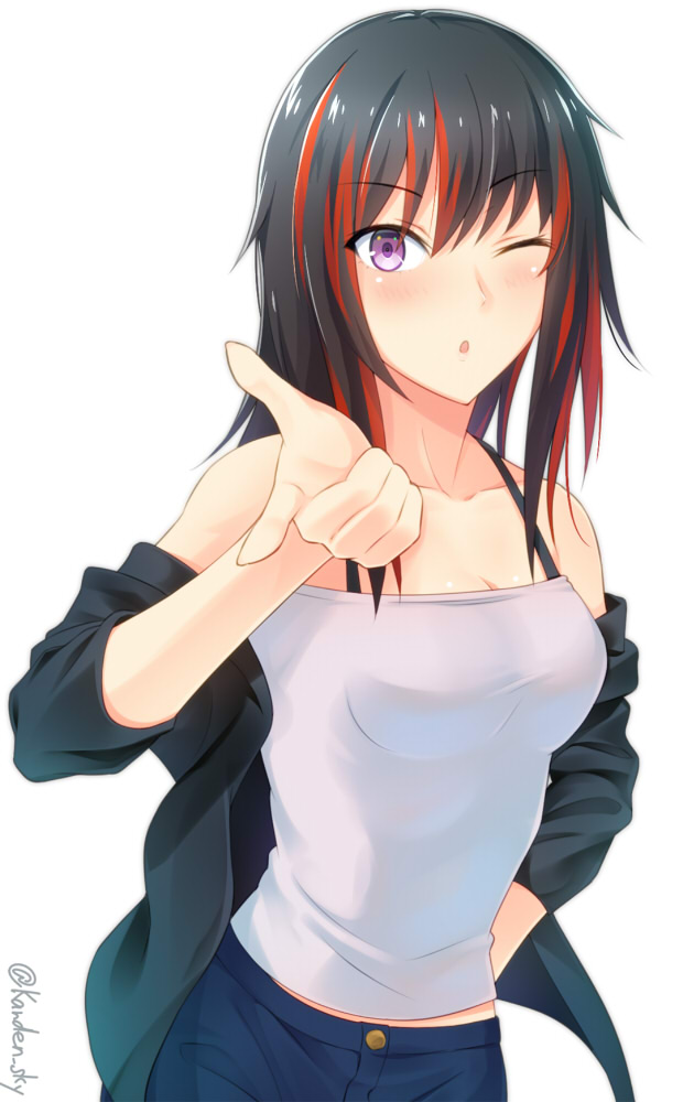 1girl ;o aome_no_madoushi bangs black_hair blush breasts denim eyebrows_visible_through_hair hood hoodie jeans kanden_suki long_hair looking_at_viewer medium_breasts multicolored_hair one_eye_closed open_clothes open_hoodie pants pointing pointing_at_viewer redhead sidelocks solo spaghetti_strap strapless streaked_hair tubetop twitter_username upper_body violet_eyes