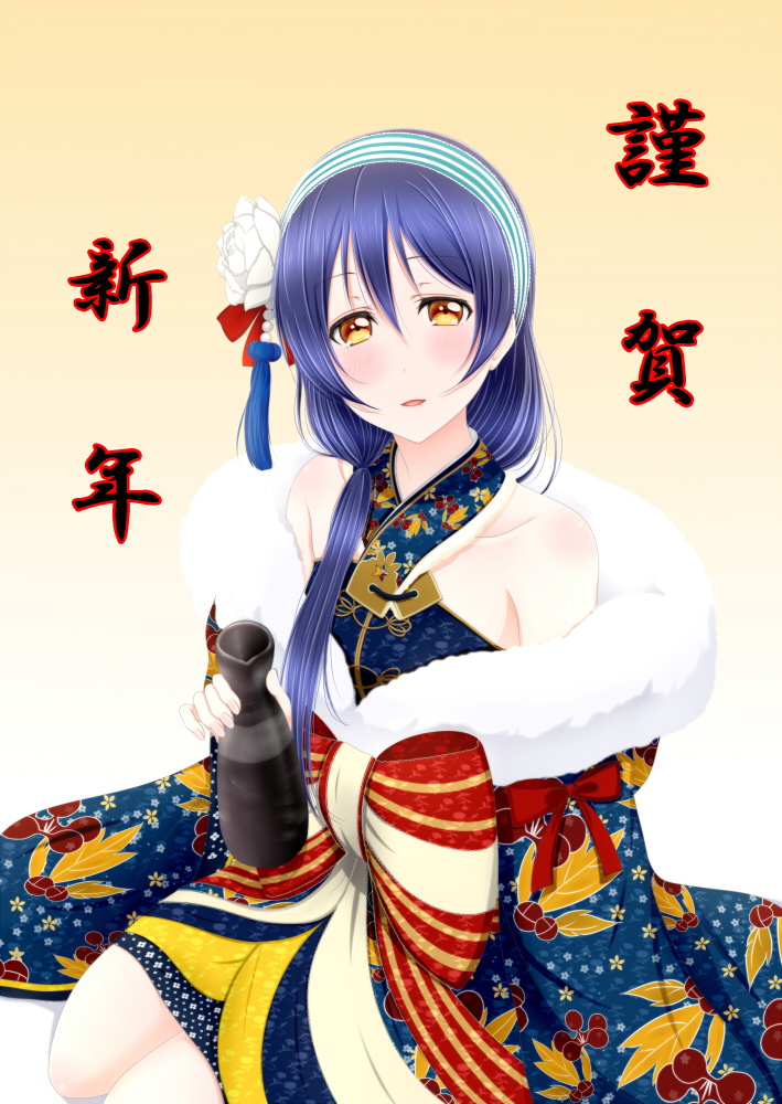 1girl alcohol blue_hair blue_kimono blush commentary_request floral_print flower gradient gradient_background hair_flower hair_ornament hairband holding japanese_clothes kimono long_hair looking_at_viewer love_live! love_live!_school_idol_project ribbon roaru_(gyuren) sake simple_background sitting solo sonoda_umi text tokkuri wide_sleeves yellow_eyes