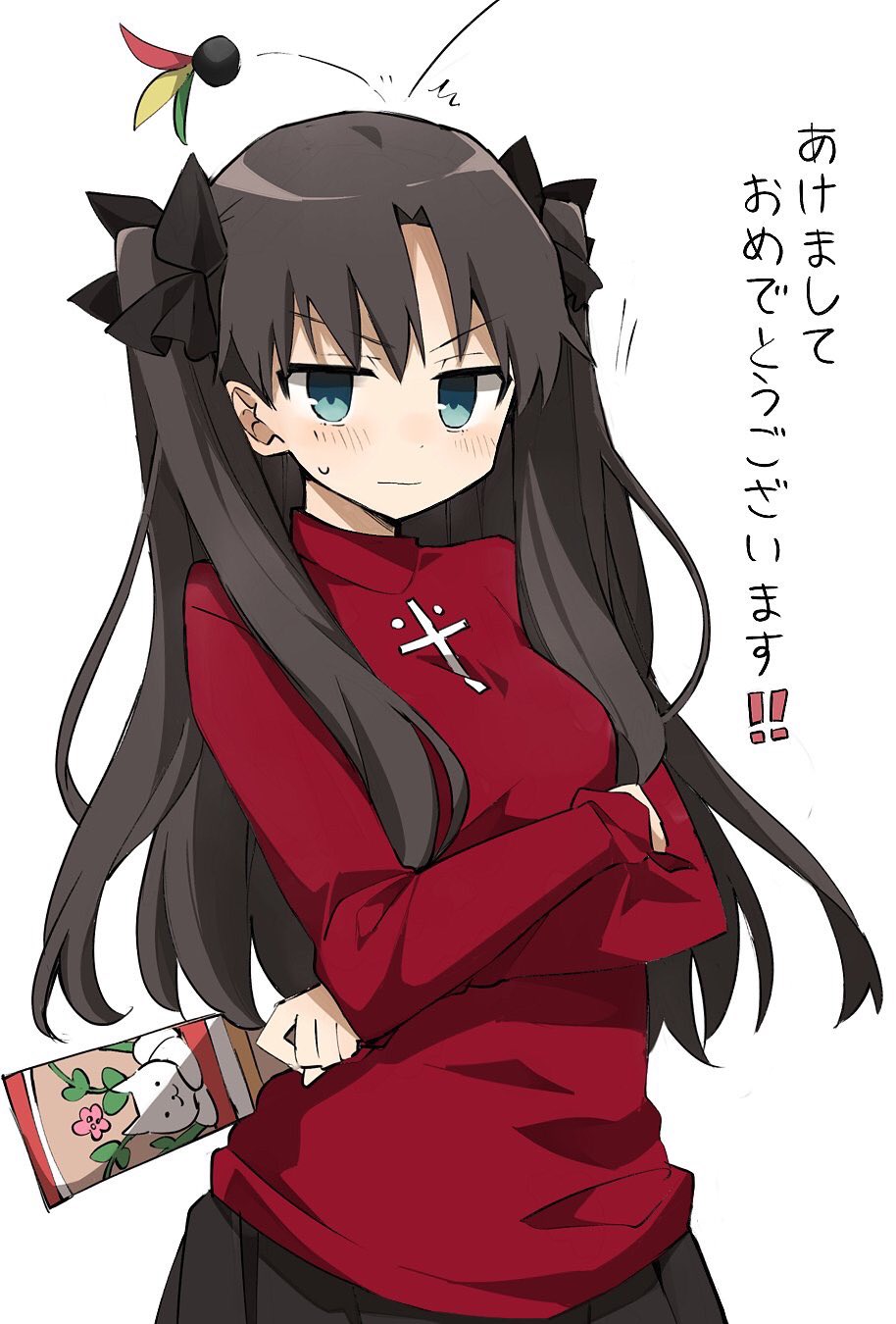 1girl black_hair black_legwear black_skirt blue_eyes blush crossed_arms fate/stay_night fate_(series) highres long_hair looking_at_viewer murakami_meishi pleated_skirt skirt solo sweater tohsaka_rin translated two_side_up