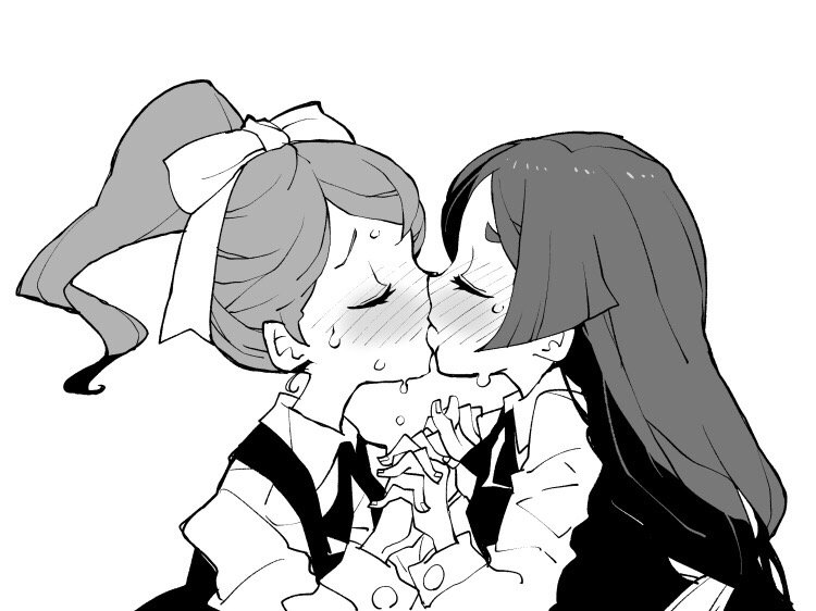 10s 2girls barbara_parker blush closed_eyes dowman_sayman dripping french_kiss greyscale hair_ribbon hanna_england interlocked_fingers kiss little_witch_academia long_hair long_sleeves monochrome multiple_girls ponytail ribbon school_uniform short_eyebrows sweat sweating thick_eyebrows tongue tongue_out upper_body yuri