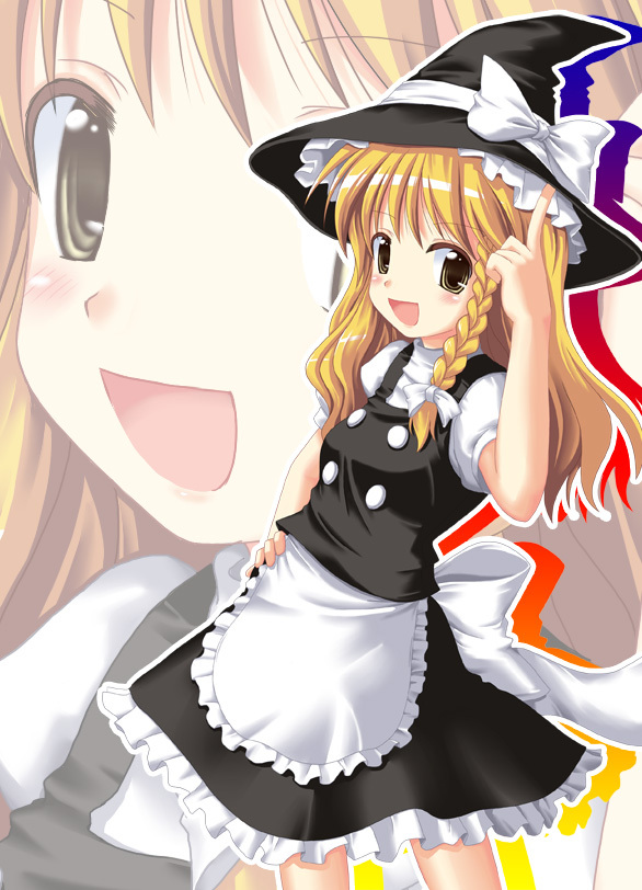 1girl apron bangs big_eyes black_dress blonde_hair bow braid buttons cropped_legs dress frilled_dress frills gold_hair graphite_(medium) hair_bow hair_ornament hand_on_hip hat hat_bow kinagi_yuu kirisame_marisa looking_at_viewer multicolored multicolored_clothes multicolored_dress multicolored_hair multiple_views open_mouth pointing pointing_up short_sleeves touhou traditional_media two-tone_hair waist_apron white_apron white_bow witch_hat yellow_eyes