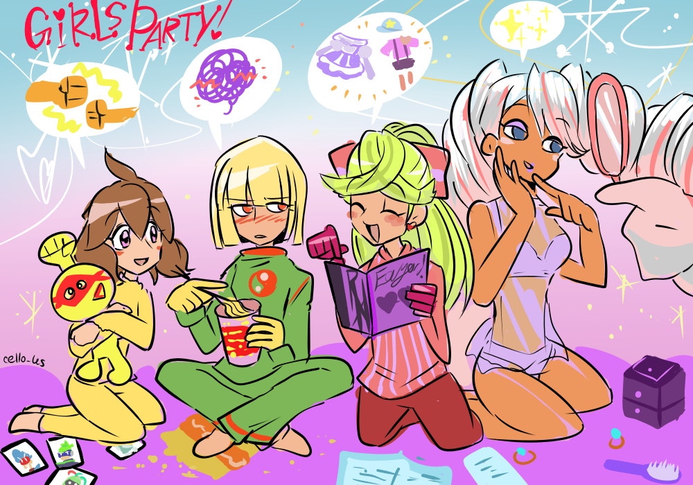 4girls alto_(ezstrongs) arms_(game) blonde_hair blue_eyes blush camisole dark_skin drill_hair earrings green_eyes jewelry lips long_hair mask mask_removed min_min_(arms) multiple_girls navel pajamas pink_hair ponytail ribbon_girl_(arms) ribbon_hair short_hair smile twin_drills twintails twintelle_(arms) underwear very_long_hair