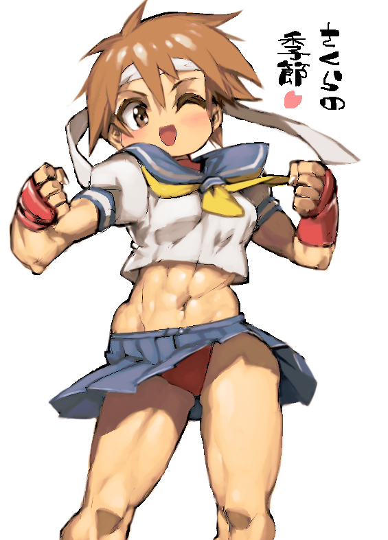 abs brown_eyes brown_hair gloves headband kasugano_sakura midriff muscle school_uniform serafuku short_hair sketch skirt street_fighter ysk!