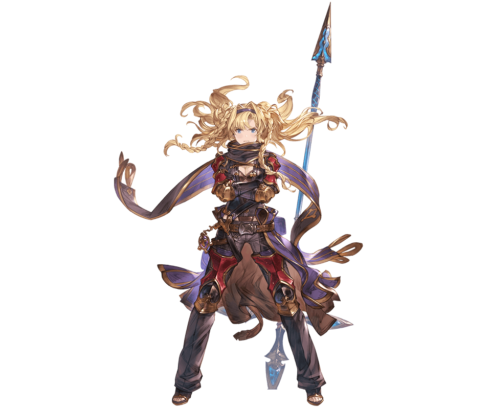 1girl bangs belt blonde_hair blue_eyes braid breasts brown_gloves crossed_arms elbow_gloves eyebrows_visible_through_hair floating_hair full_body gloves granblue_fantasy hairband long_hair looking_at_viewer medium_breasts minaba_hideo official_art open_toe_shoes pants polearm scarf serious solo transparent_background twintails weapon zeta_(granblue_fantasy)