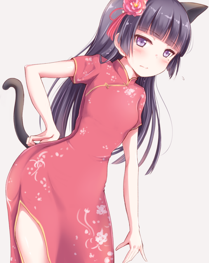 1girl animal_ears black_hair blush breasts cat_ears cat_tail china_dress chinese_clothes dress gokou_ruri hair_ornament herunin hime_cut long_hair looking_at_viewer ore_no_imouto_ga_konna_ni_kawaii_wake_ga_nai simple_background small_breasts solo tail violet_eyes white_background