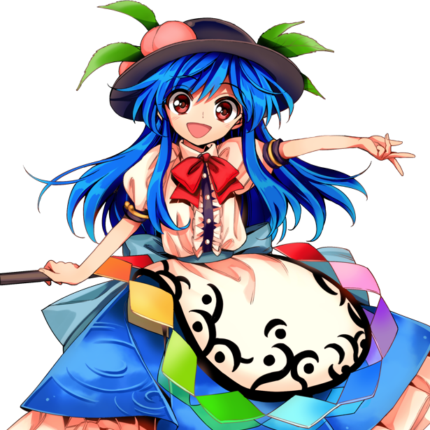 1girl :d antinomy_of_common_flowers apron black_hat blue_skirt bow buttons cowboy_shot food frilled_skirt frills fruit harukawa_moe hat hinanawi_tenshi holding holding_sword holding_weapon looking_at_viewer official_art open_mouth peach puffy_short_sleeves puffy_sleeves red_bow red_eyes shirt short_sleeves skirt smile solo sword sword_of_hisou touhou transparent_background weapon white_shirt