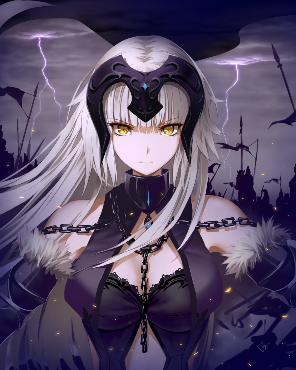 1girl armor bare_shoulders between_breasts blonde_hair breasts chains closed_mouth clouds cloudy_sky commentary_request eyebrows_visible_through_hair fate/grand_order fate_(series) flag fur-trimmed_sleeves fur_trim gauntlets headpiece highres jeanne_d'arc_(alter)_(fate) jeanne_d'arc_(fate)_(all) lightning long_hair looking_at_viewer night serious silhouette sky solo_focus sony_kisaragi standard_bearer upper_body yellow_eyes