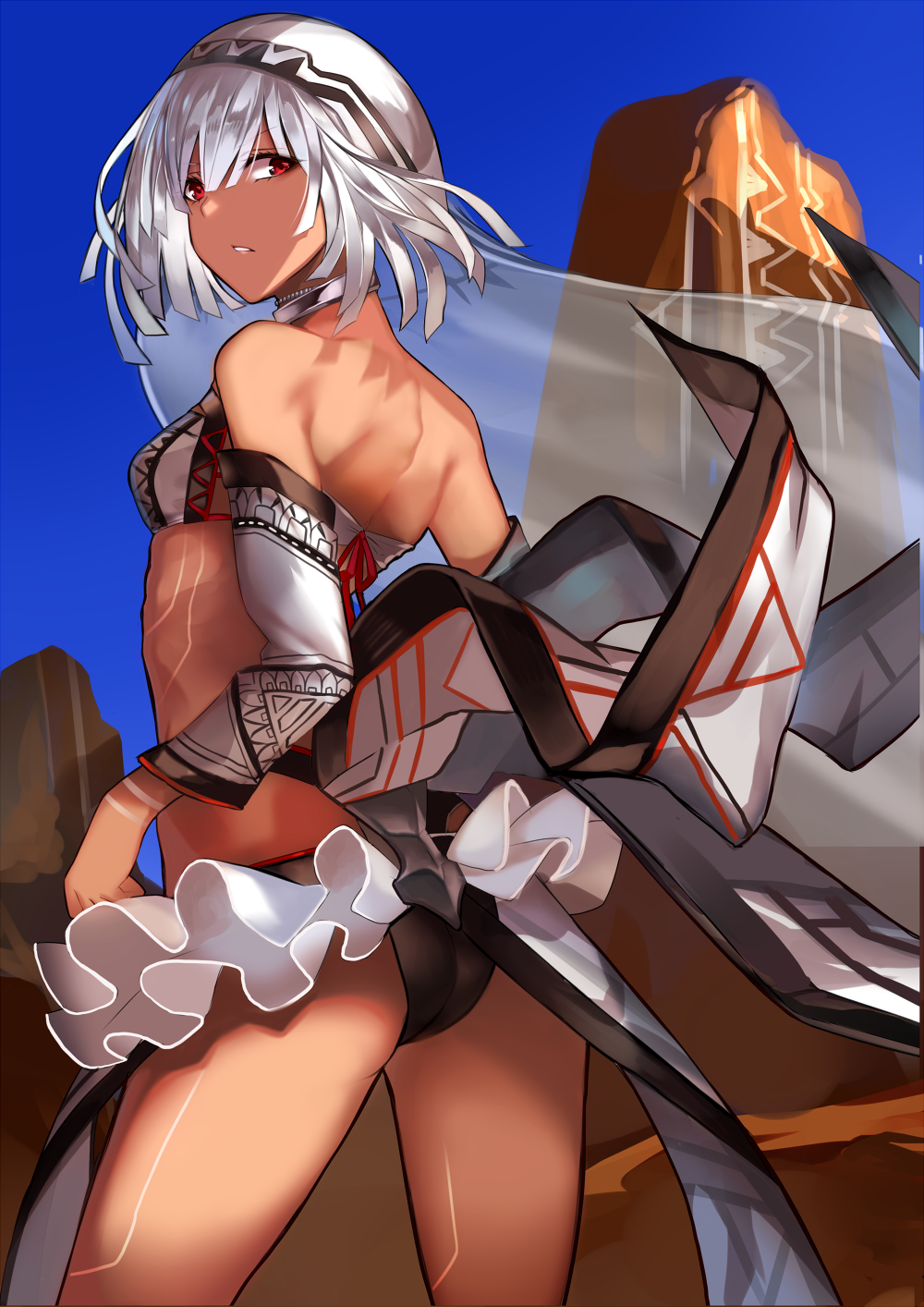 10s 1girl altera_(fate) ass backless_outfit bandeau bangs bare_shoulders black_panties blue_sky breasts dark_skin day detached_sleeves fate/extella fate/extra fate/grand_order fate_(series) hair_between_eyes highres karlwolf long_hair looking_back midriff outdoors panties parted_lips red_eyes short_hair silver_hair sky small_breasts solo thighs underwear veil wide_sleeves