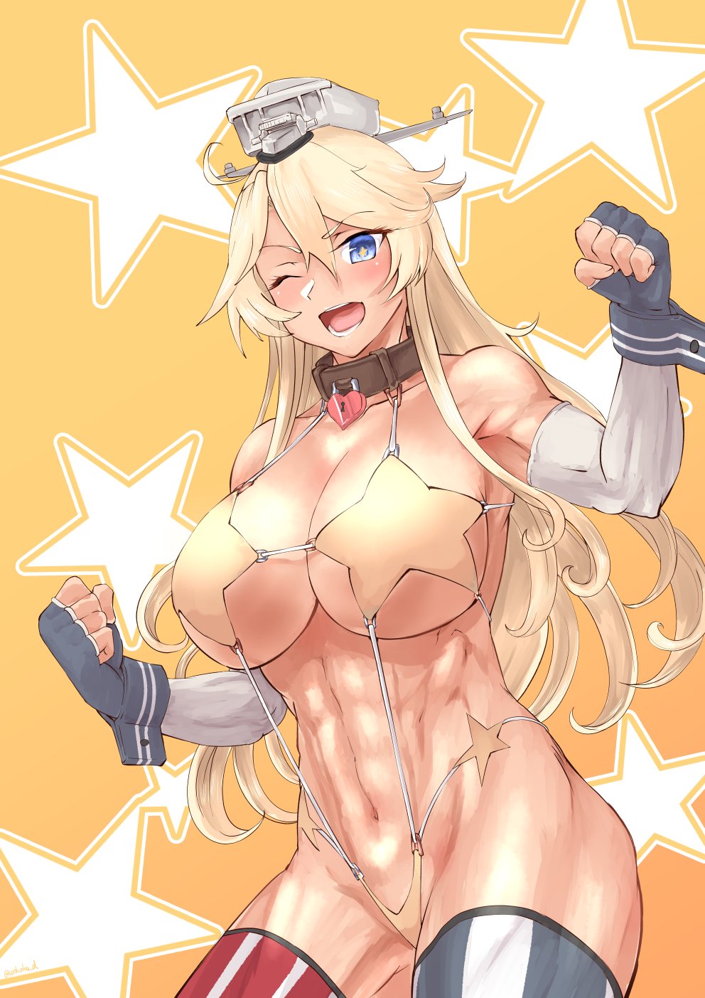 1girl abs ahoge american_flag_legwear arms_up bikini blonde_hair blue_eyes blush breasts choker commentary_request cowboy_shot detached_sleeves eyebrows_visible_through_hair fingerless_gloves gloves gradient gradient_background heart_lock_(kantai_collection) highres iowa_(kantai_collection) kantai_collection large_breasts long_hair looking_at_viewer mrdotd muscle muscular_female one_eye_closed open_mouth pose solo star star-shaped_pupils starry_background string_bikini swimsuit symbol-shaped_pupils thick_thighs thigh-highs thighs