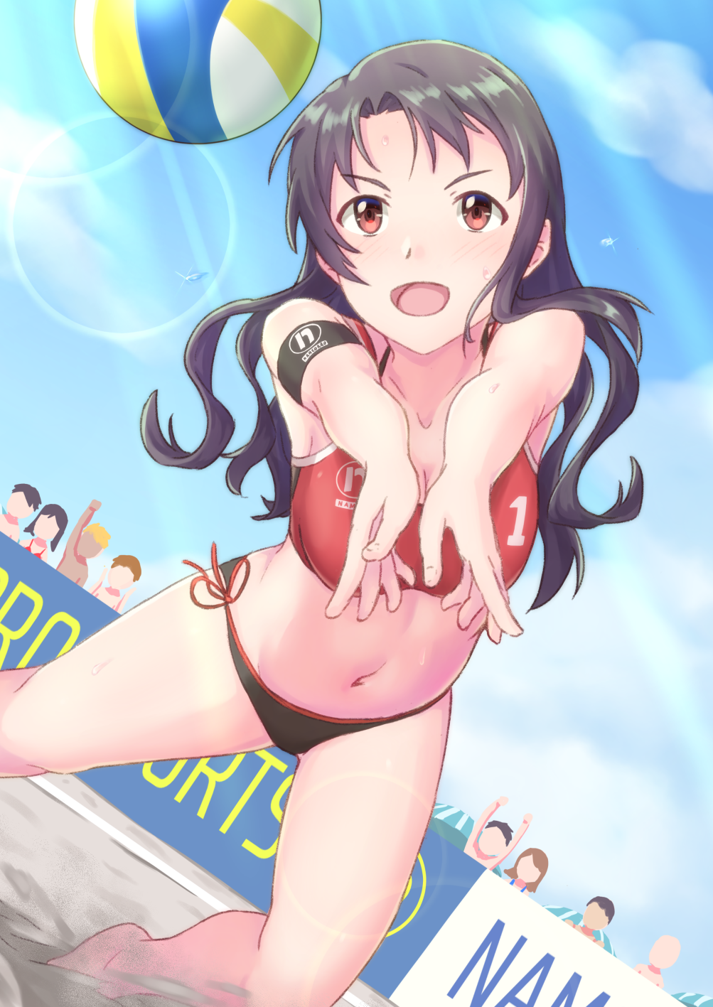 3girls 6+boys armband ball beach_volleyball bikini black_hair blue_sky clouds dutch_angle full_body highres idolmaster idolmaster_million_live! idolmaster_million_live!_theater_days light_rays long_hair multiple_boys multiple_girls outdoors red_eyes sand side-tie_bikini sky solo_focus soujin sports_bikini sunbeam sunlight swimsuit takayama_sayoko volleyball