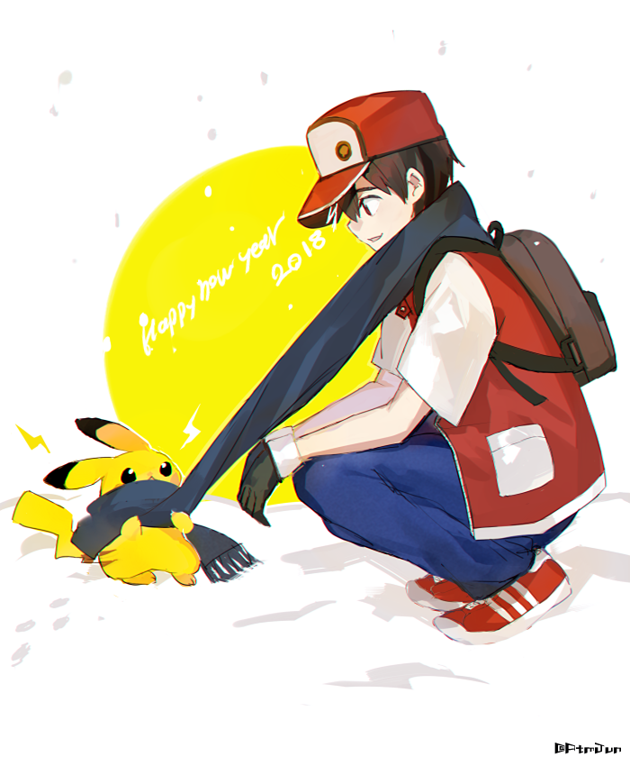 2018 :d artist_name atsumi_jun baseball_cap black_gloves blue_pants blue_scarf brown_eyes brown_hair commentary_request english from_side gloves happy_new_year hat jacket looking_down new_year open_clothes open_jacket open_mouth pants pikachu pokemon pokemon_(game) pokemon_rgby profile red_(pokemon) red_(pokemon)_(classic) red_footwear scarf shared_scarf shoes short_sleeves smile snow snowing sparks squatting