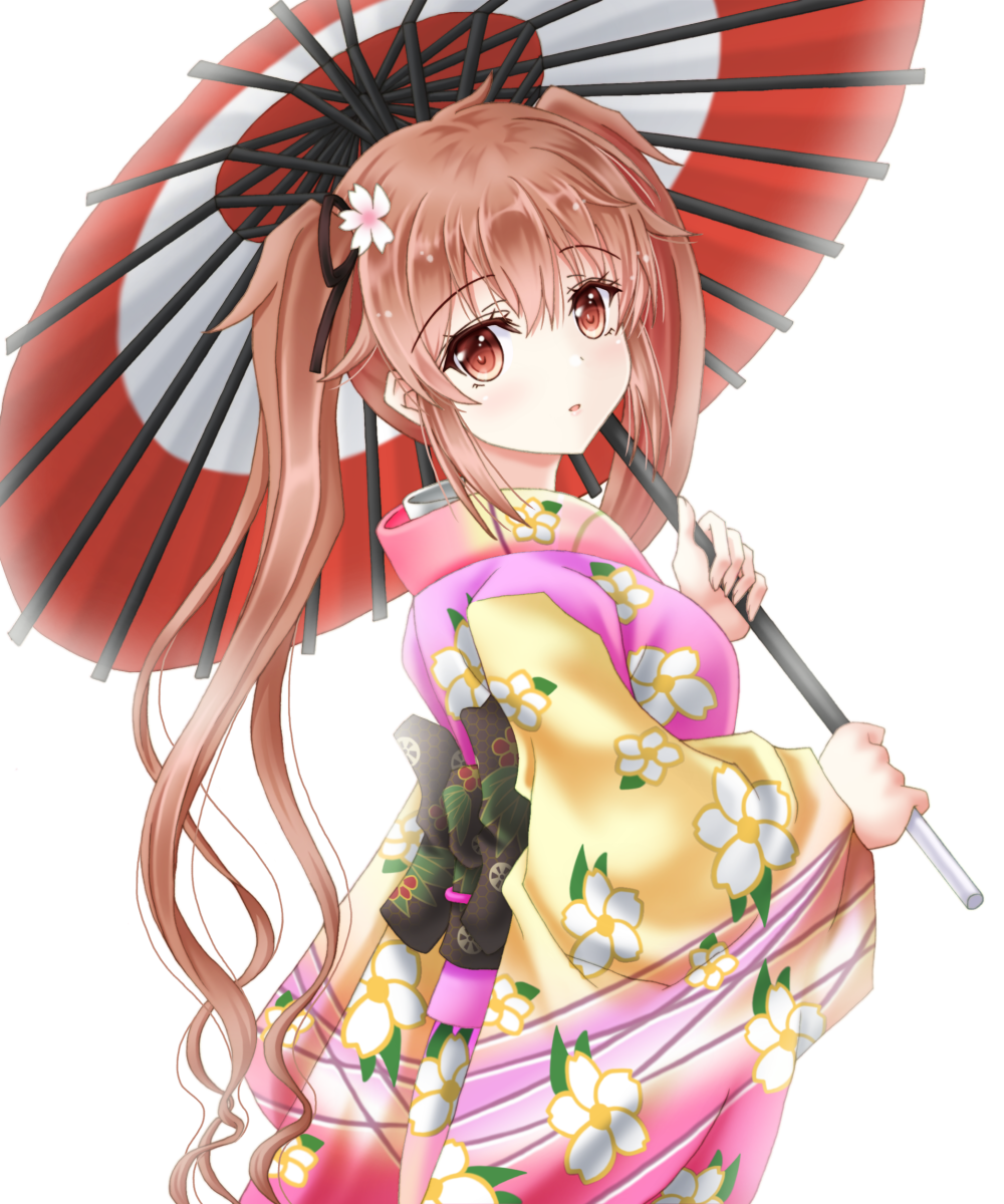1girl alternate_costume amou_yuu brown_eyes floral_print flower graphite_(medium) hair_flower hair_ornament hair_ribbon happy_new_year highres japanese_clothes kantai_collection kimono light_brown_hair long_hair long_sleeves mechanical_pencil murasame_(kantai_collection) nengajou new_year obi oriental_umbrella pencil ribbon sash solo traditional_media twintails umbrella white_background wide_sleeves