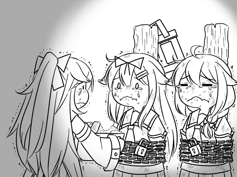3girls ahoge bound chained chains closed_eyes commentary crying eating flying_sweatdrops food greyscale guin_guin hair_flaps hair_ornament hairclip kantai_collection lock long_hair monochrome multiple_girls neckerchief remodel_(kantai_collection) sailor_collar school_uniform serafuku shigure_(kantai_collection) tied_up yamakaze_(kantai_collection) yuudachi_(kantai_collection)