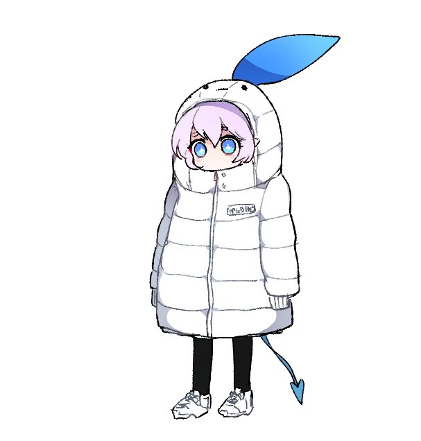 ._. 1girl alternate_costume blue_eyes demon_tail elsword hood hoodie luciela_r._sourcream mellchi oversized_clothes parka pointy_ears shaded_face shoes socks solo tail white_background white_hair