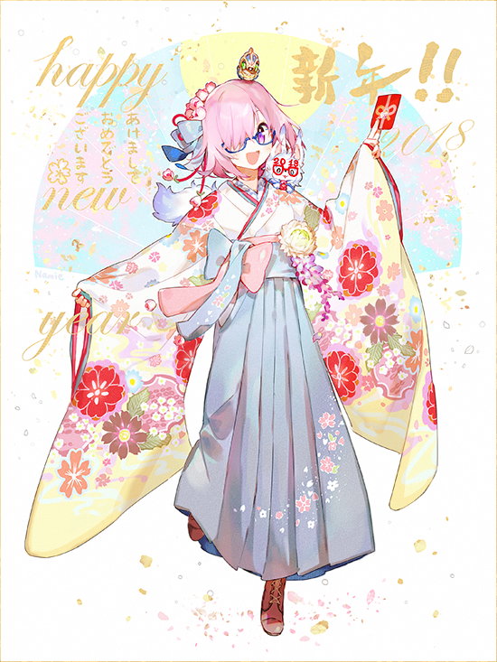 1girl creature fate/grand_order fate_(series) fou_(fate/grand_order) glasses hair_over_one_eye japanese_clothes kimono lavender_hair looking_at_viewer mash_kyrielight namie-kun on_shoulder short_hair smile solo violet_eyes