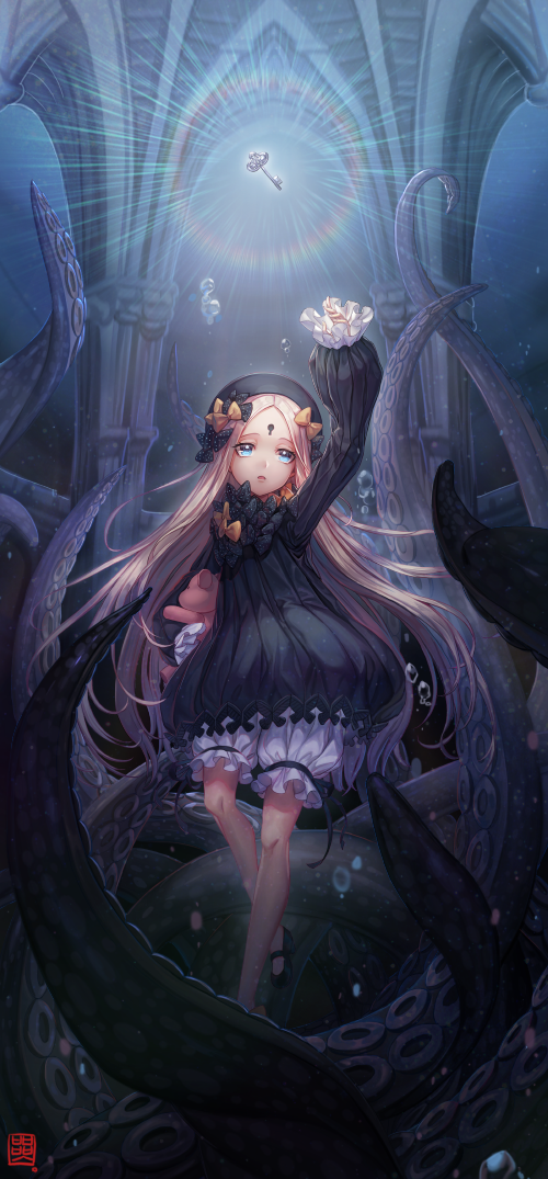 1girl abigail_williams_(fate/grand_order) air_bubble arm_up bangs black_bow black_dress black_footwear black_hat blonde_hair blue_eyes bow box_(hotpppink) bubble butterfly commentary_request dress fate/grand_order fate_(series) hair_bow hat key keyhole long_hair long_sleeves looking_up mary_janes object_hug orange_bow outstretched_arm parted_bangs parted_lips polka_dot polka_dot_bow shoes signature sleeves_past_wrists solo stuffed_animal stuffed_toy suction_cups teddy_bear tentacle very_long_hair white_bloomers
