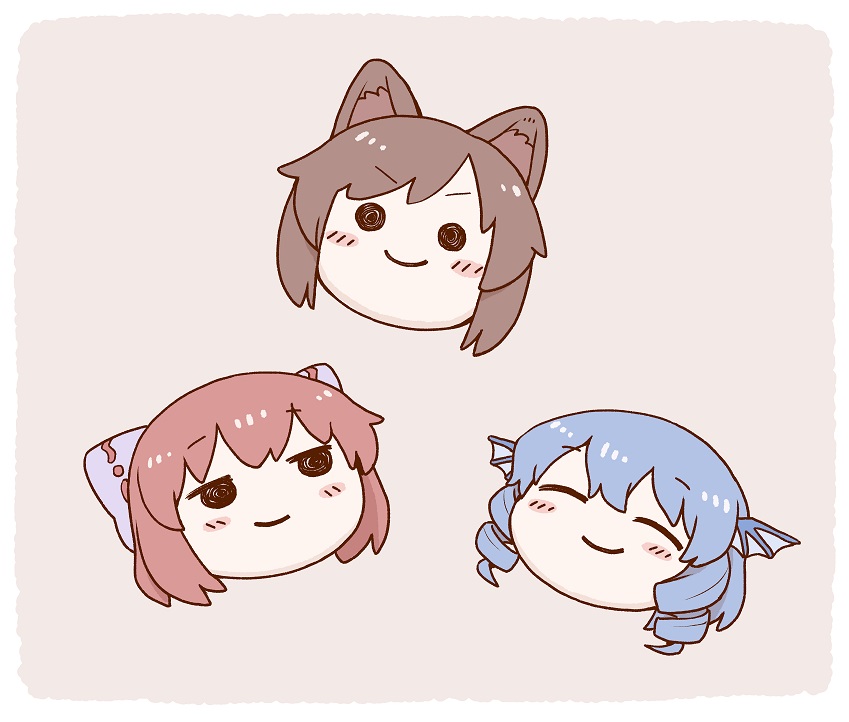 &gt;:) 3girls bangs blue_hair blush_stickers bow brown_hair chibi closed_eyes closed_mouth commentary_request disembodied_head drill_hair eyebrows_visible_through_hair hair_bow head_fins imaizumi_kagerou looking_at_viewer multiple_girls pink_background poronegi redhead sekibanki short_hair simple_background smile touhou v-shaped_eyebrows wakasagihime