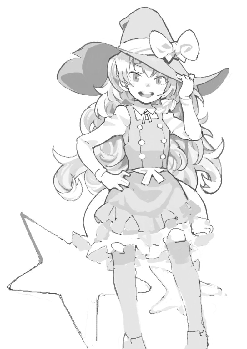 1girl :d bow buttons greyscale hand_on_headwear hand_on_hip hat hat_bow kirisame_marisa long_hair long_sleeves monochrome open_mouth pantyhose ribbon simple_background smile solo teeth tongue touhou wavy_hair white_background witch witch_hat