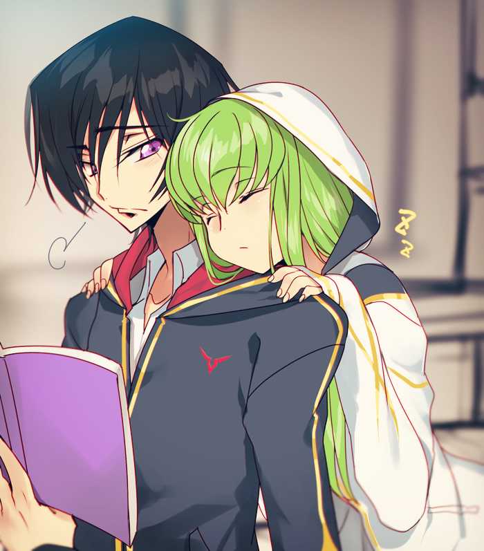 1boy 1girl bangs black_hair black_jacket blurry blurry_background blush book c.c. closed_eyes closed_mouth code_geass couple creayus depth_of_field eyebrows_visible_through_hair fringe fume green_hair hands_on_another's_shoulders head_tilt hetero holding holding_book hood hood_up hooded_jacket hoodie indoors jacket lelouch_lamperouge long_hair long_sleeves open_book shirt short_hair sidelocks sleeves_past_wrists violet_eyes white_jacket white_shirt wing_collar