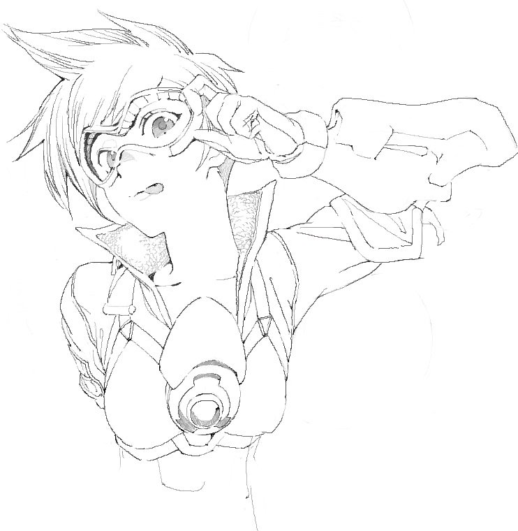 1girl adjusting_eyewear bangs bodysuit bomber_jacket breasts closed_mouth collarbone facing_viewer fronttire gloves goggles jacket looking_away monochrome overwatch popped_collar short_hair simple_background small_breasts smile solo spiky_hair tegaki tongue tongue_out tracer_(overwatch) upper_body vambraces white_background