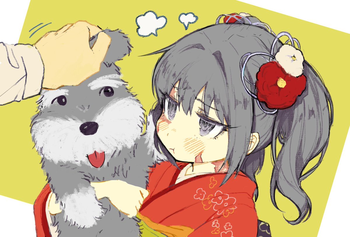 1boy 1girl burn_scar dog dorei_to_no_seikatsu_~teaching_feeling~ hand_on_another's_head japanese_clothes kimono petting pout scar sylvie_(dorei_to_no_seikatsu) yukata