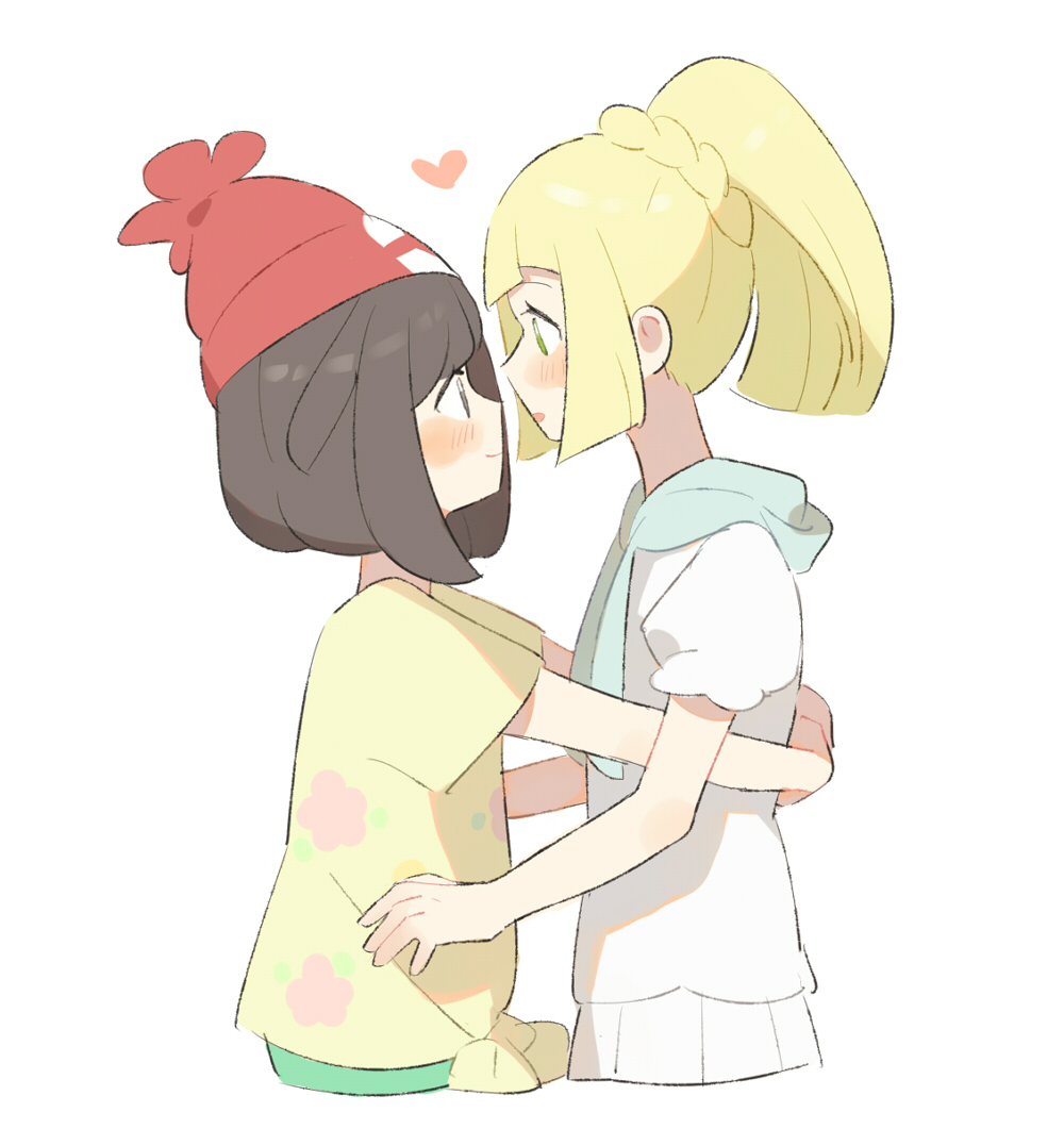 2girls beanie black_hair blonde_hair blush eye_contact from_side green_eyes hat heart hug lillie_(pokemon) long_hair looking_at_another mizuki_(pokemon_sm) multiple_girls parted_lips pleated_skirt pokemon pokemon_(game) pokemon_sm ponytail profile puffy_short_sleeves puffy_sleeves red_hat shirt short_hair short_sleeves sidelocks simple_background skirt tareme tied_shirt unapoppo upper_body white_background white_shirt white_skirt yellow_shirt yuri