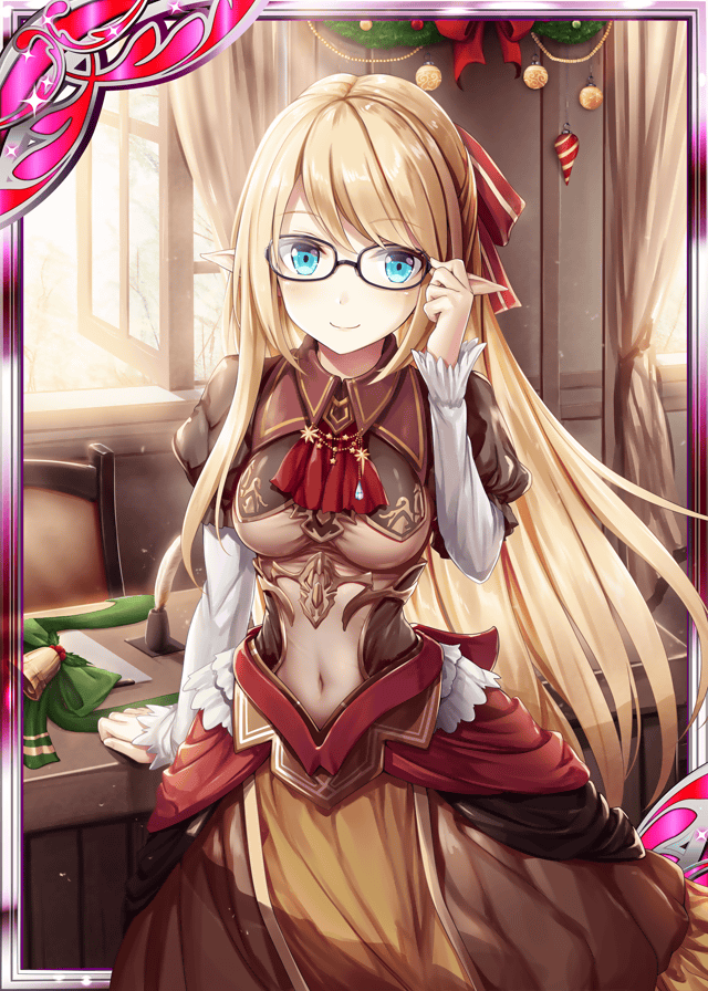 1girl akkijin bell blonde_hair blue_eyes breasts brown_dress card_(medium) christmas christmas_ornaments desk dress elf garland_(decoration) glasses hand_on_eyewear looking_at_viewer medium_breasts open_window out_of_frame pointy_ears shinkai_no_valkyrie smile solo sunlight window