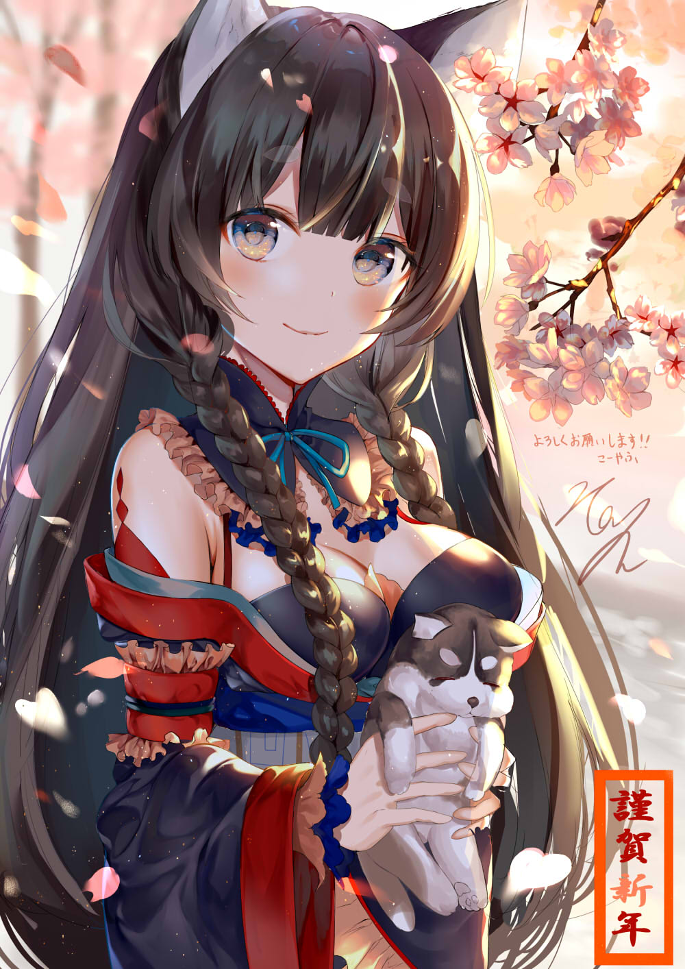 1girl akeome animal animal_ears arm_garter bangs blue_eyes blunt_bangs blush braid breasts brown_hair cherry_blossoms closed_mouth commentary_request dog dog_ears eyebrows_visible_through_hair happy_new_year highres holding holding_animal japanese_clothes kimono kouyafu large_breasts long_hair long_sleeves looking_at_viewer multicolored multicolored_eyes new_year obi original outdoors sash signature smile solo standing translated upper_body very_long_hair wide_sleeves year_of_the_dog