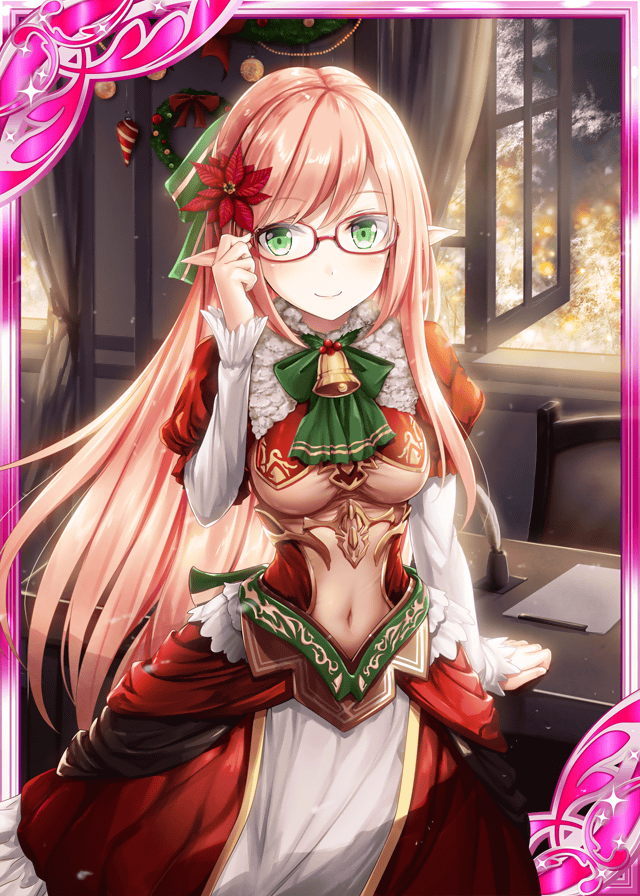 1girl akkijin bell card_(medium) christmas christmas_ornaments desk dress elf flower garland_(decoration) glasses green_eyes hair_flower hair_ornament hand_on_eyewear looking_at_viewer open_window orange_hair out_of_frame pointy_ears red_dress shinkai_no_valkyrie smile solo window