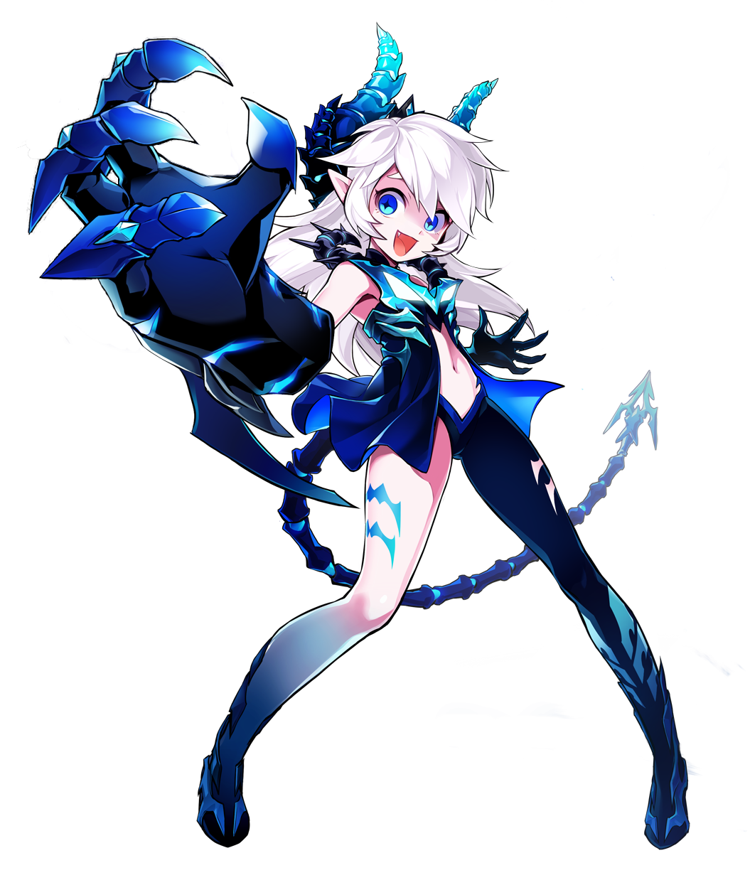 1girl :d asymmetrical_clothes blue_eyes claws diabla_(elsword) elsword full_body highres horns hwansang long_hair looking_at_viewer luciela_r._sourcream official_art open_mouth pointy_ears shaded_face single_pantsleg smile solo standing tail thick_eyebrows white_hair