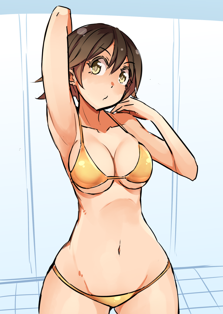 1girl bikini breasts brown_eyes brown_hair cleavage cowboy_shot flipped_hair groin honda_mio idolmaster idolmaster_cinderella_girls looking_at_viewer lowleg lowleg_bikini medium_breasts nac000 navel short_hair solo standing swimsuit yellow_bikini