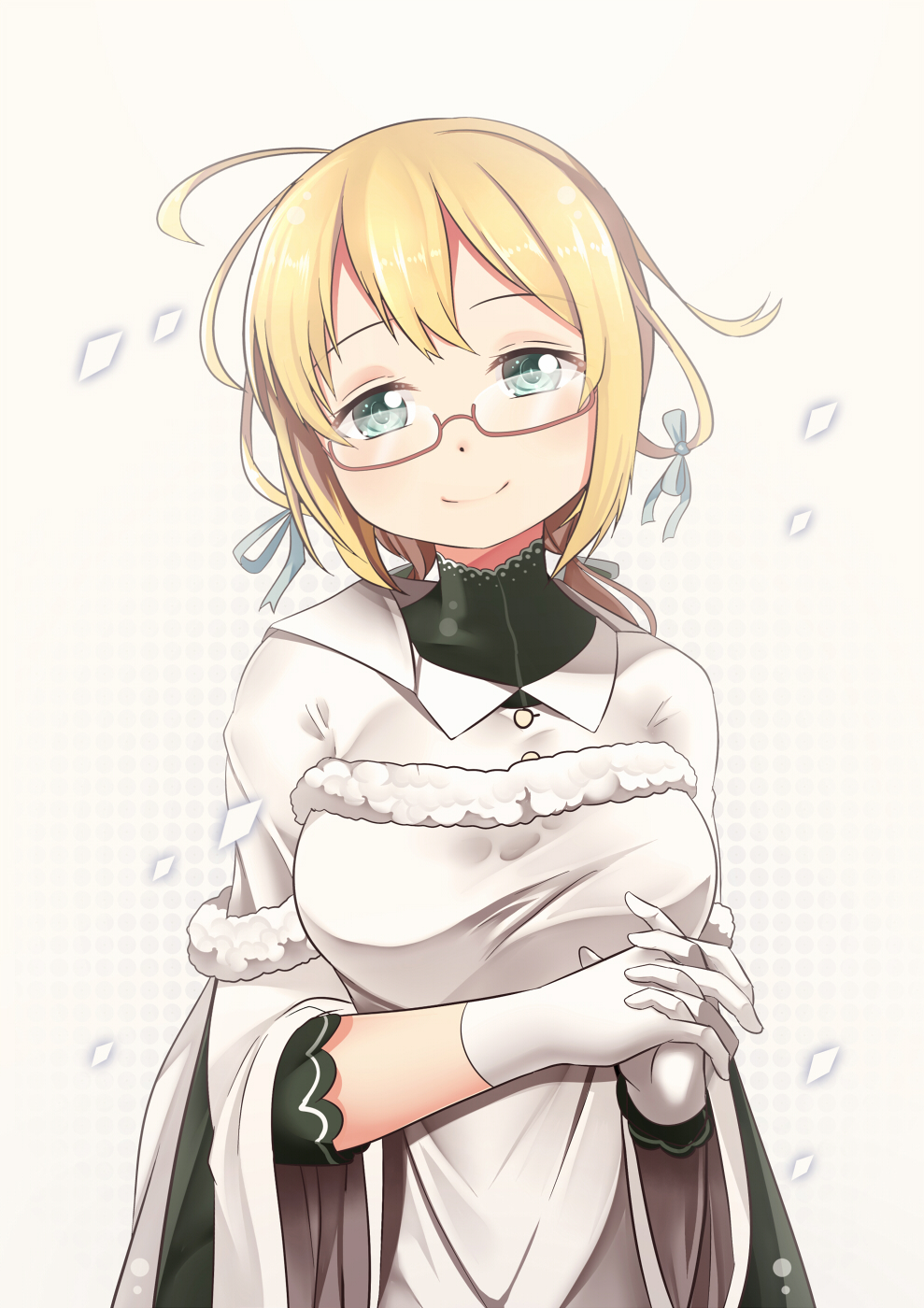 1girl ahoge alternate_costume arm_across_waist bangs blonde_hair blue_eyes blush breasts buttons capelet christmas cup dress eyebrows_visible_through_hair flower fur-trimmed_capelet glasses gloves hair_between_eyes hair_flower hair_ornament hair_ribbon half-closed_eyes hands_together head_tilt highres i-8_(kantai_collection) kantai_collection large_breasts long_dress long_hair long_sleeves looking_at_viewer low_twintails merry_christmas red-framed_eyewear ribbon simple_background smile solo tareme twintails white_dress white_gloves wide_sleeves yasume_yukito