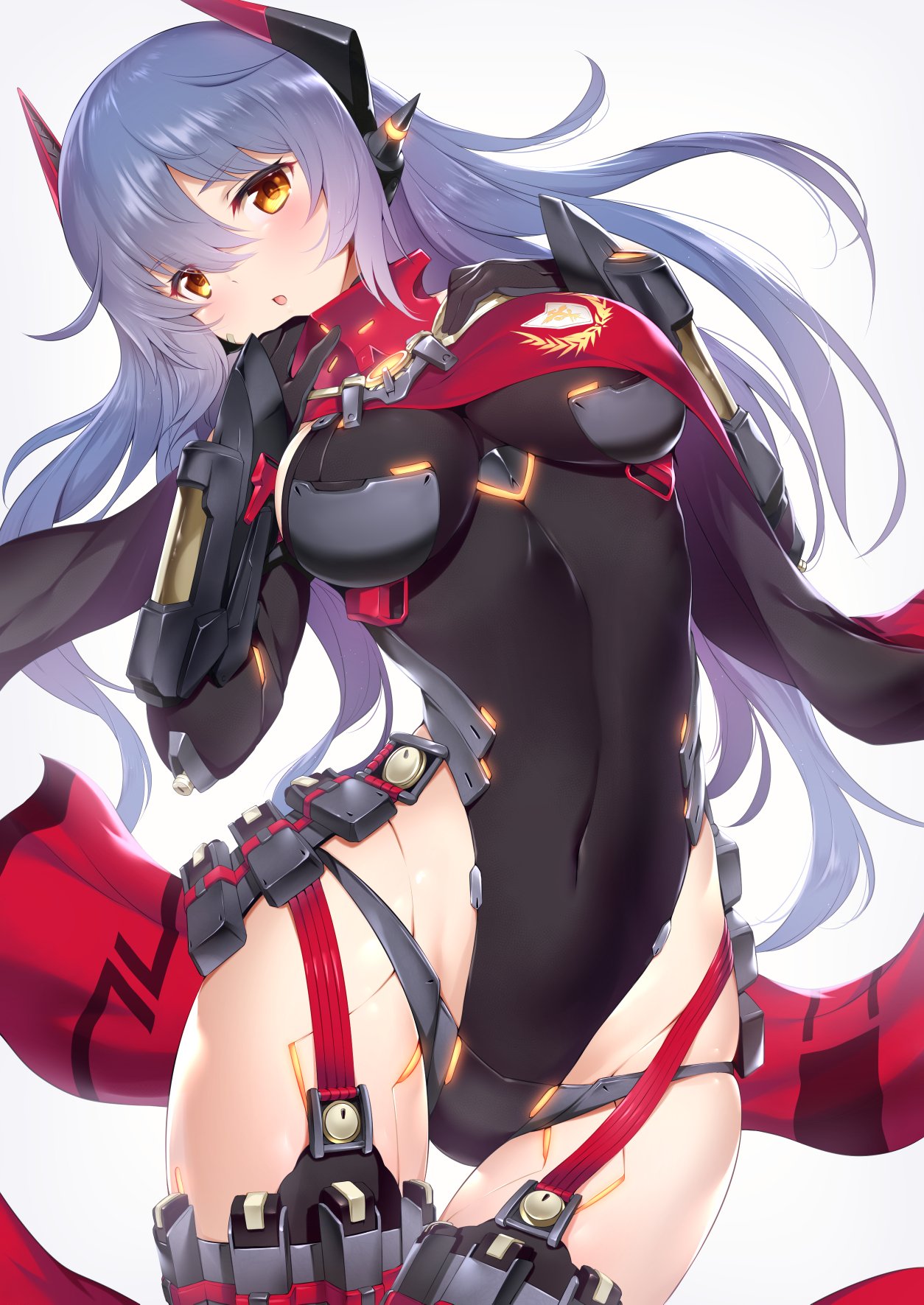 1girl :o black_leotard black_panties blush bracer breasts commentary_request covered_navel cowboy_shot cyborg eyebrows_visible_through_hair garter_straps hana_(xenoblade) hana_jd hands_on_own_chest headgear highleg highleg_leotard highres joints large_breasts leaning_to_the_side leotard long_hair looking_at_viewer m-da_s-tarou panties parted_lips pouch purple_hair red_scarf scarf simple_background solo spoilers thigh-highs thigh_gap underwear white_background xenoblade xenoblade_2 yellow_eyes