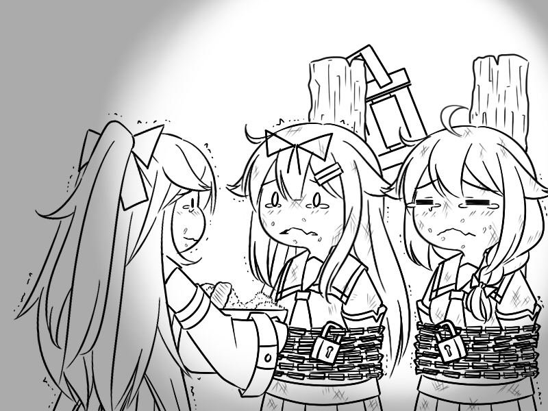 3girls ahoge bound chained chains closed_eyes commentary eating flying_sweatdrops food greyscale guin_guin hair_flaps hair_ornament hairclip kantai_collection lock long_hair monochrome multiple_girls neckerchief remodel_(kantai_collection) sailor_collar school_uniform serafuku shigure_(kantai_collection) tied_up yamakaze_(kantai_collection) yuudachi_(kantai_collection)
