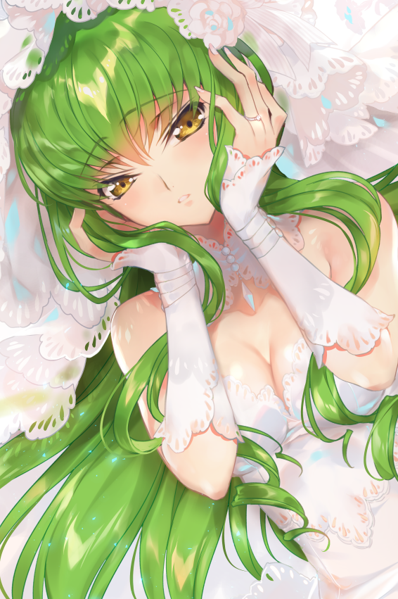 1girl bangs bare_shoulders breasts bridal_veil brown_eyes c.c. cleavage code_geass cover cover_page creayus detached_collar dress dutch_angle eyebrows_visible_through_hair green_hair hands_on_own_cheeks hands_on_own_face jewelry long_sleeves medium_breasts parted_lips ring sidelocks solo upper_body veil wedding_dress wedding_ring white_dress