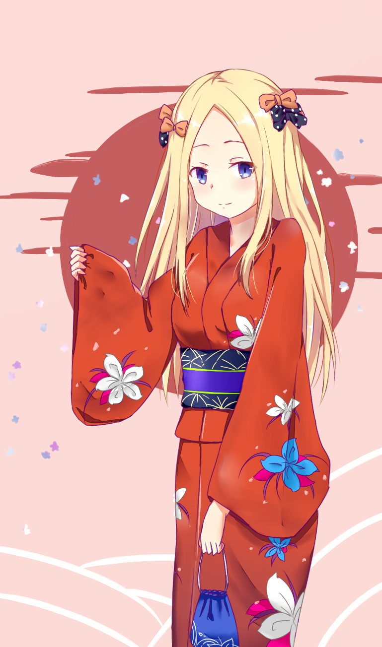 1girl abigail_williams_(fate/grand_order) bangs black_bow blonde_hair blush bow closed_mouth commentary_request fate/grand_order fate_(series) floral_print forehead hair_bow highres japanese_clothes kimono kinchaku kire_(hayagu) long_hair long_sleeves looking_at_viewer obi orange_bow parted_bangs pinching_sleeves polka_dot polka_dot_bow pouch print_kimono red_kimono sash smile solo very_long_hair violet_eyes wide_sleeves