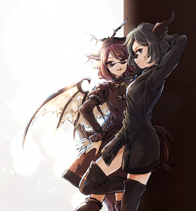 2girls alternate_costume animal_ears arm_behind_head bird_wings black_dress boots brown_skirt choujuu_gigaku dress fingernails green_eyes green_hair hat hisona_(suaritesumi) juliet_sleeves kasodani_kyouko long_fingernails long_sleeves miniskirt multiple_girls mystia_lorelei pink_eyes pink_hair puffy_sleeves sharp_fingernails skirt smile standing sunglasses tail thigh-highs thigh_boots touhou wings